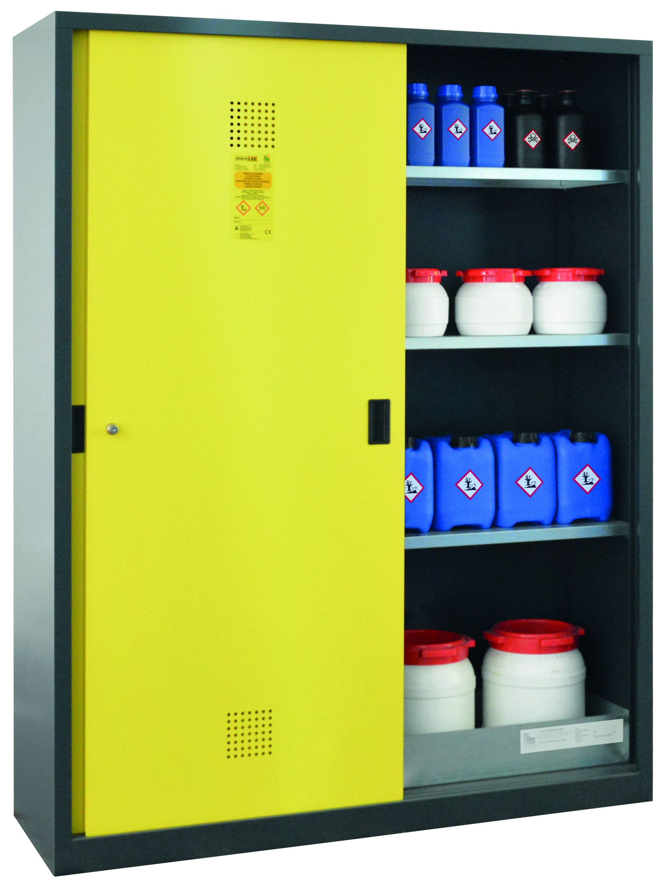 Chemikalienschrank mit Schiebetür 1500mm breit mit 6 Fachböden
