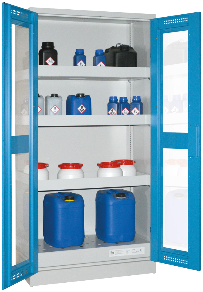Chemikalienschrank 950 mm, mit Plexiglasausschnitt RAL 5015 - himmelblau