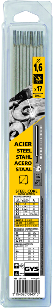 Stabelektroden GYS, 17 Stk., 300 x1.6 mm, Stahl, rutil