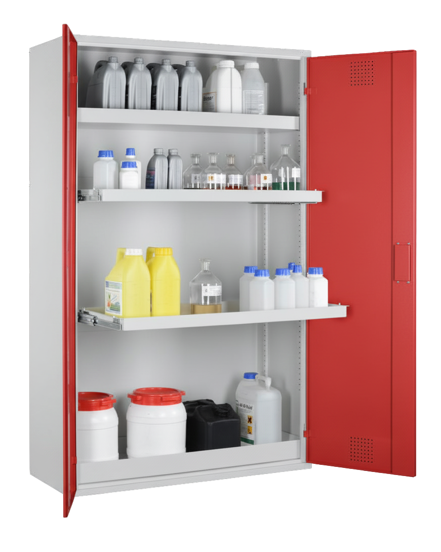 Chemikalienschrank mit Auszugswannen 1200mm, RAL 3000 - feuerrot
