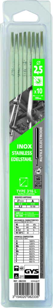 Stabelektroden GYS, 10 Stk., 300 x 2,5 mm, Inox 316L