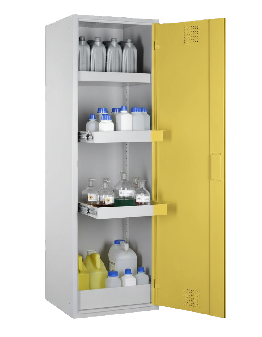 Chemikalienschrank mit Auszugswannen 600mm, RAL 1018 - zinkgelb