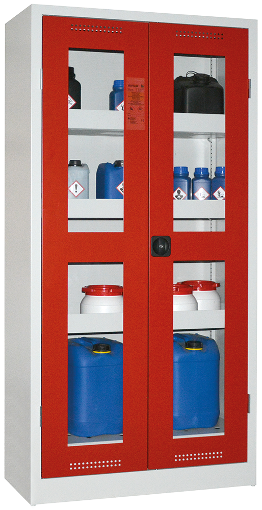 Chemikalienschrank 950 mm, mit Plexiglasausschnitt RAL 3000 - feuerrot