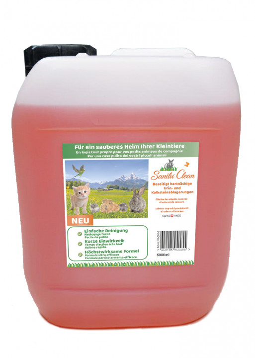 5-Liter-Kanister-mit-Etikette-002 Sanilu Clean 5 Liter, Reinigungsmittel für Kotschalen, hergestellt in der Schweiz