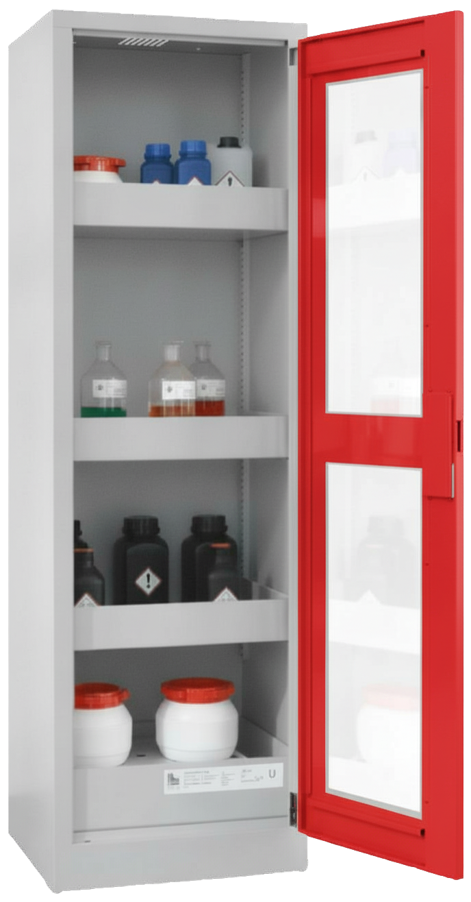Chemikalienschrank 600 mm, mit Plexiglasausschnitt RAL 3000 - feuerrot