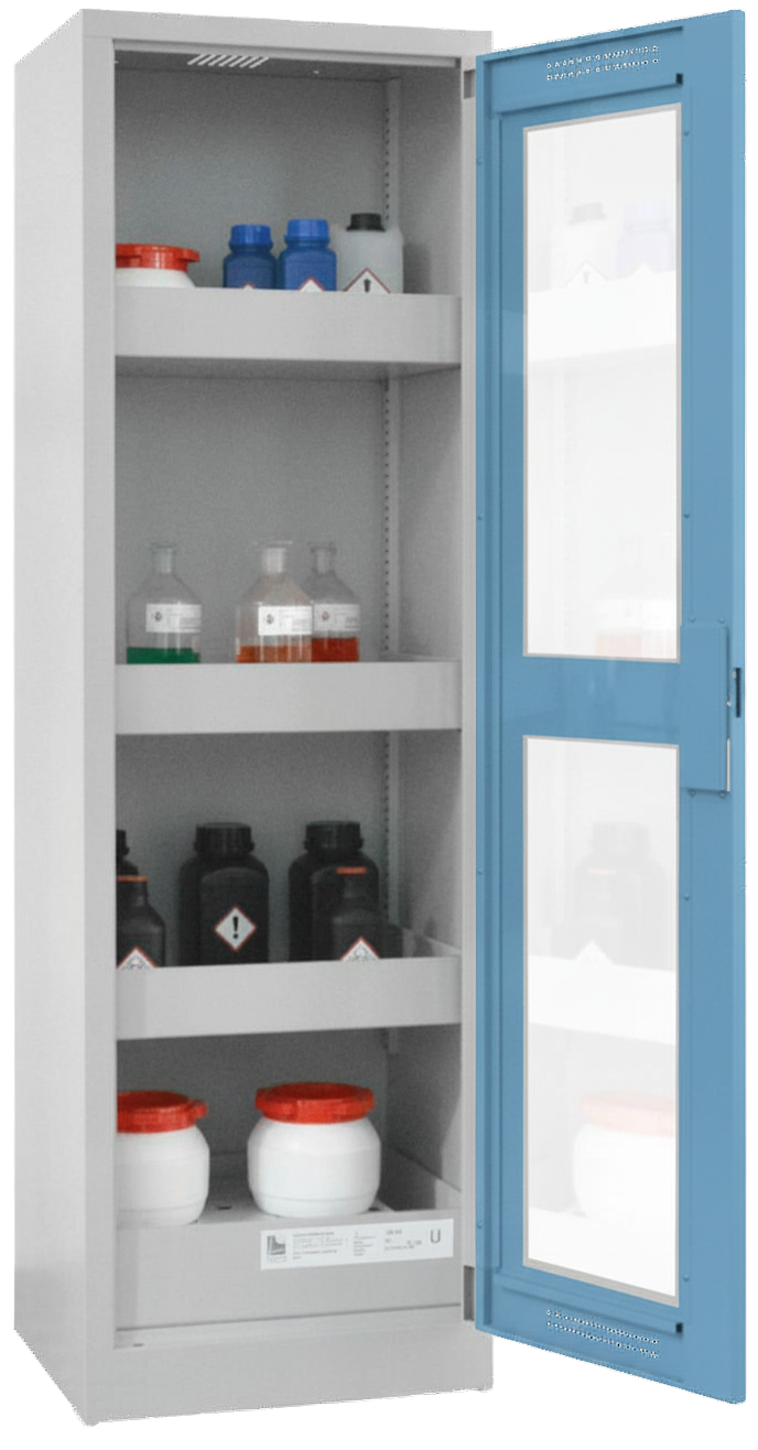 Chemikalienschrank 600 mm, mit Plexiglasausschnitt RAL 5015 - himmelblau