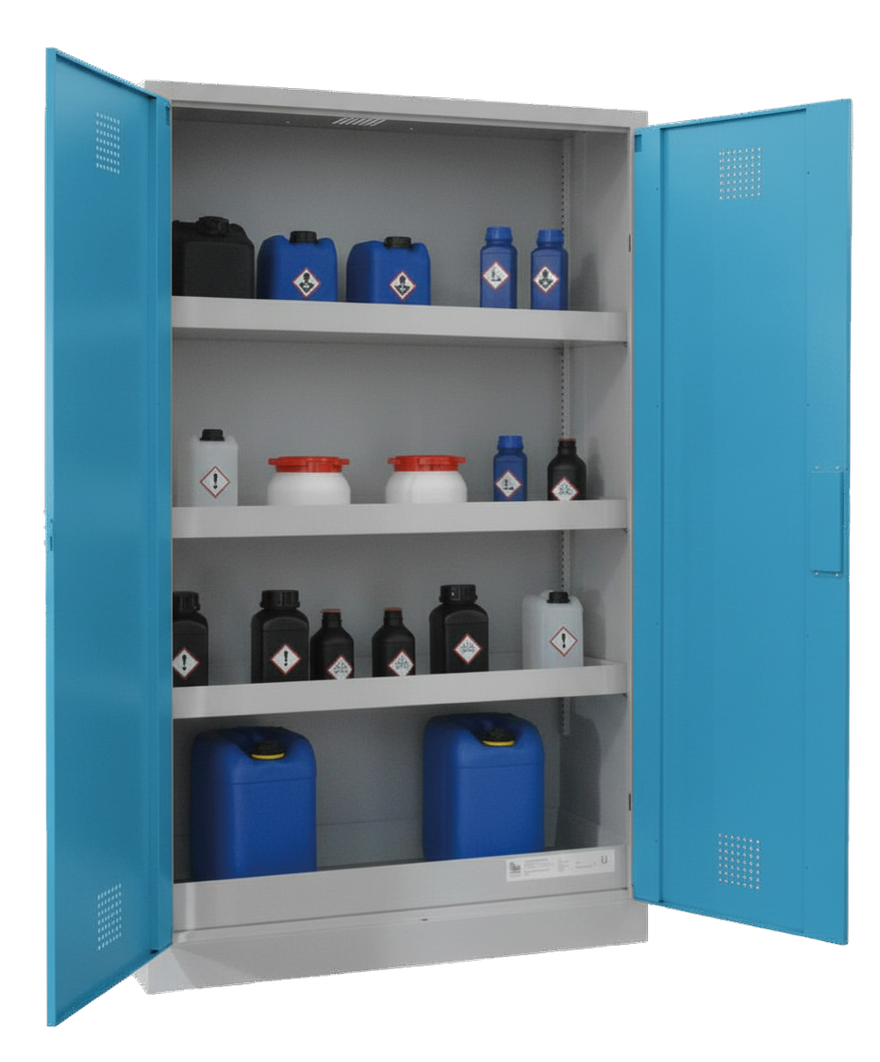 Chemikalienschrank 1200 mm, mit geschlossenen Türen RAL 5015 - himmelblau