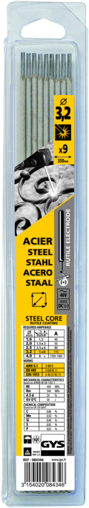 Stabelektroden GYS, 9 Stk., 350 x 3.2 mm, Stahl, rutil