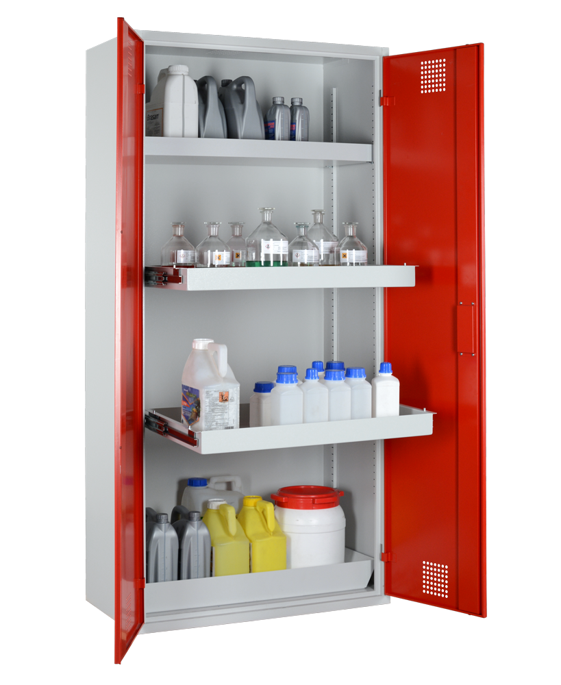 Chemikalienschrank mit Auszugswannen 950mm, RAL 3000 - feuerrot