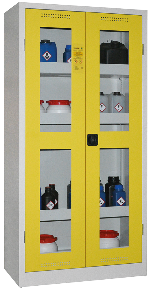 Chemikalienschrank 950 mm, mit Plexiglasausschnitt RAL 1018 - zinkgelb
