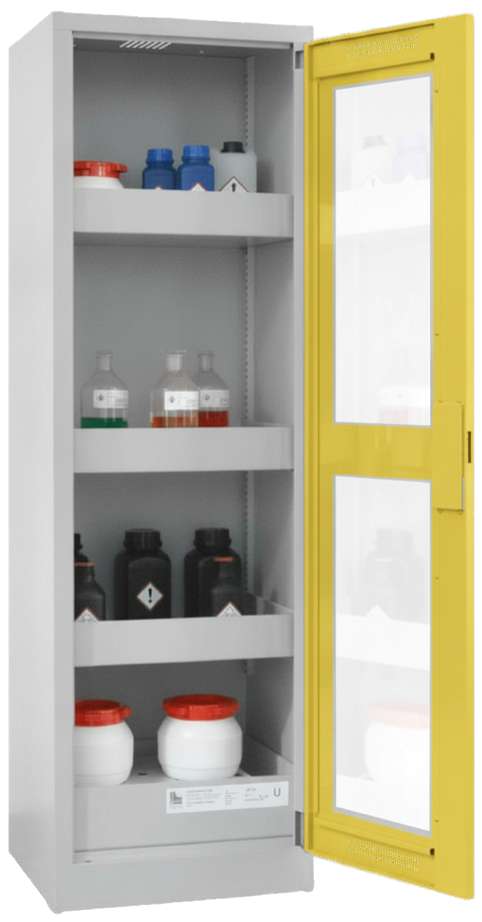Chemikalienschrank 600 mm, mit Plexiglasausschnitt RAL 1018 - zinkgelb