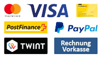 Zahlungsarten Lagerdirekt: Twint, PayPal, MasterCard, Visa, PostFinance, Rechnung