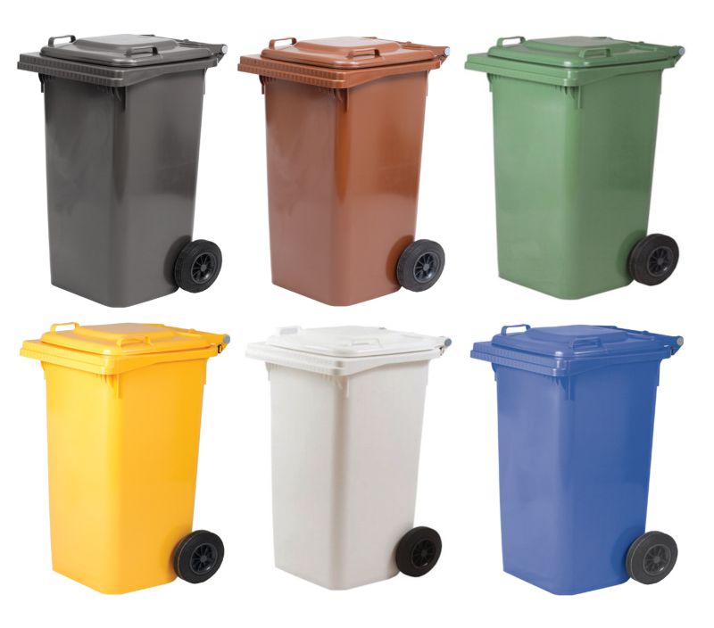 Mülltonnen in verschiedenen Farben für Abfalltrennung: grau, braun, grün, gelb, weiß und blau – 2-Rad-Müllcontainer mit Deckel